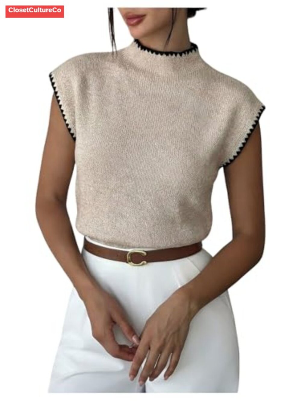Mock Neck Cap Sleeve Knit Pullover Sweater Slim Fit Lightweight Summer